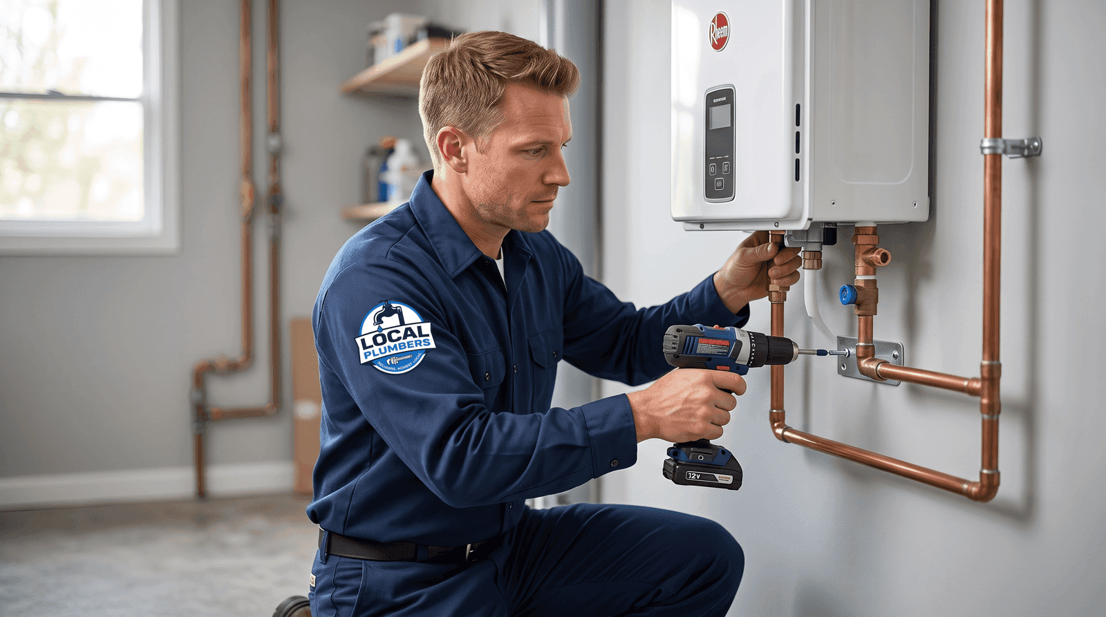 A plumber installing a tankless water heater on a wall