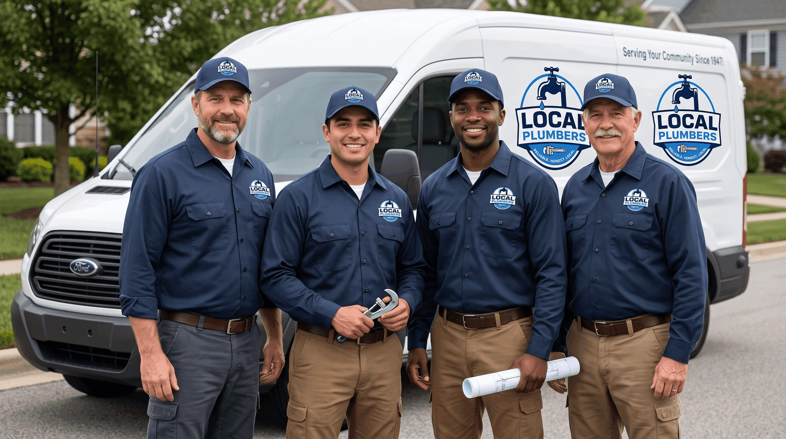 The full Local Plumbers team of licensed plumbers in uniform in front of their service trucks